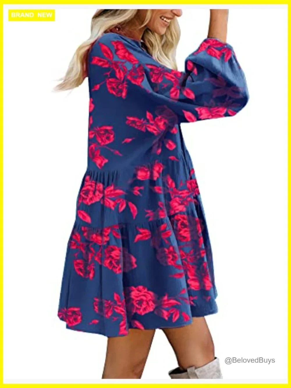 Women's Shift Tunic Dress with Pockets Long Sleeve Swing Babydoll Mini Dress - Picture 4 of 6